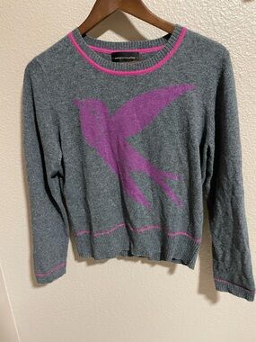 Corey Lynn Calter Gray Sweater with Purple Bird and Pink Trim